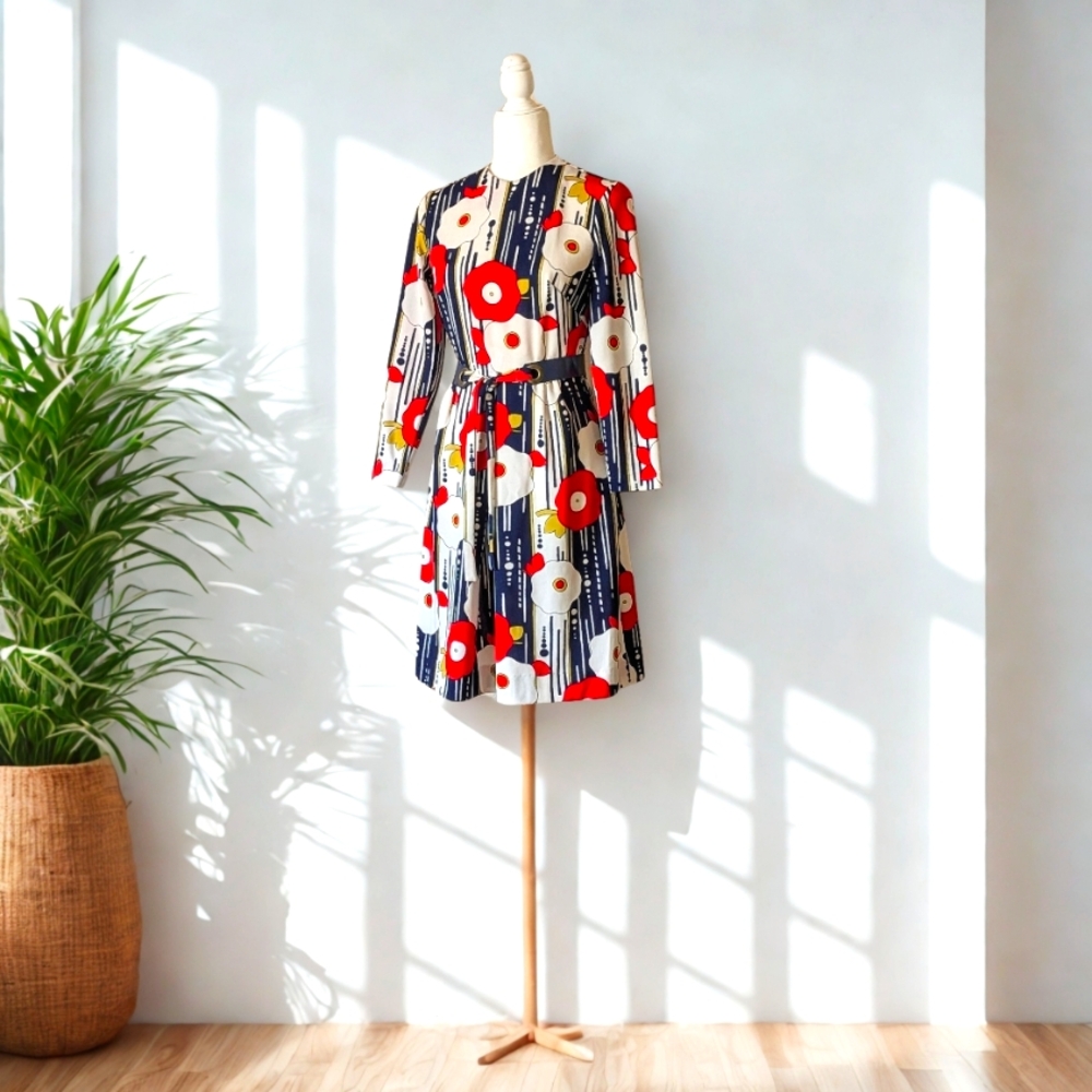 Vintage Midi Dress with Mod Floral Print & Belt